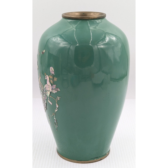 Green Enamel Brass Cloisonne Mother of Pearl Flower Bird Inlay Vase 10" Vintage - Picture 4 of 11